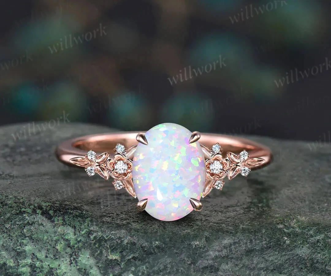Vintage oval white opal engagement ring solid 14k rose gold leaf floral nature inspired diamond ring women unique bridal wedding ring set sold by Willwork Jewelry product image thumbnail 5