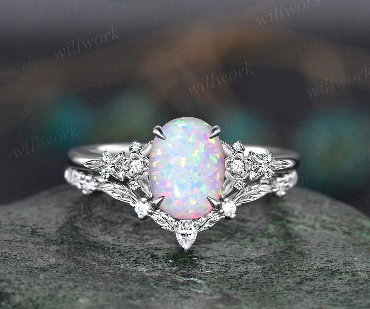 Vintage oval white opal engagement ring solid 14k rose gold leaf floral nature inspired diamond ring women unique bridal wedding ring set sold by Willwork Jewelry product image thumbnail 4