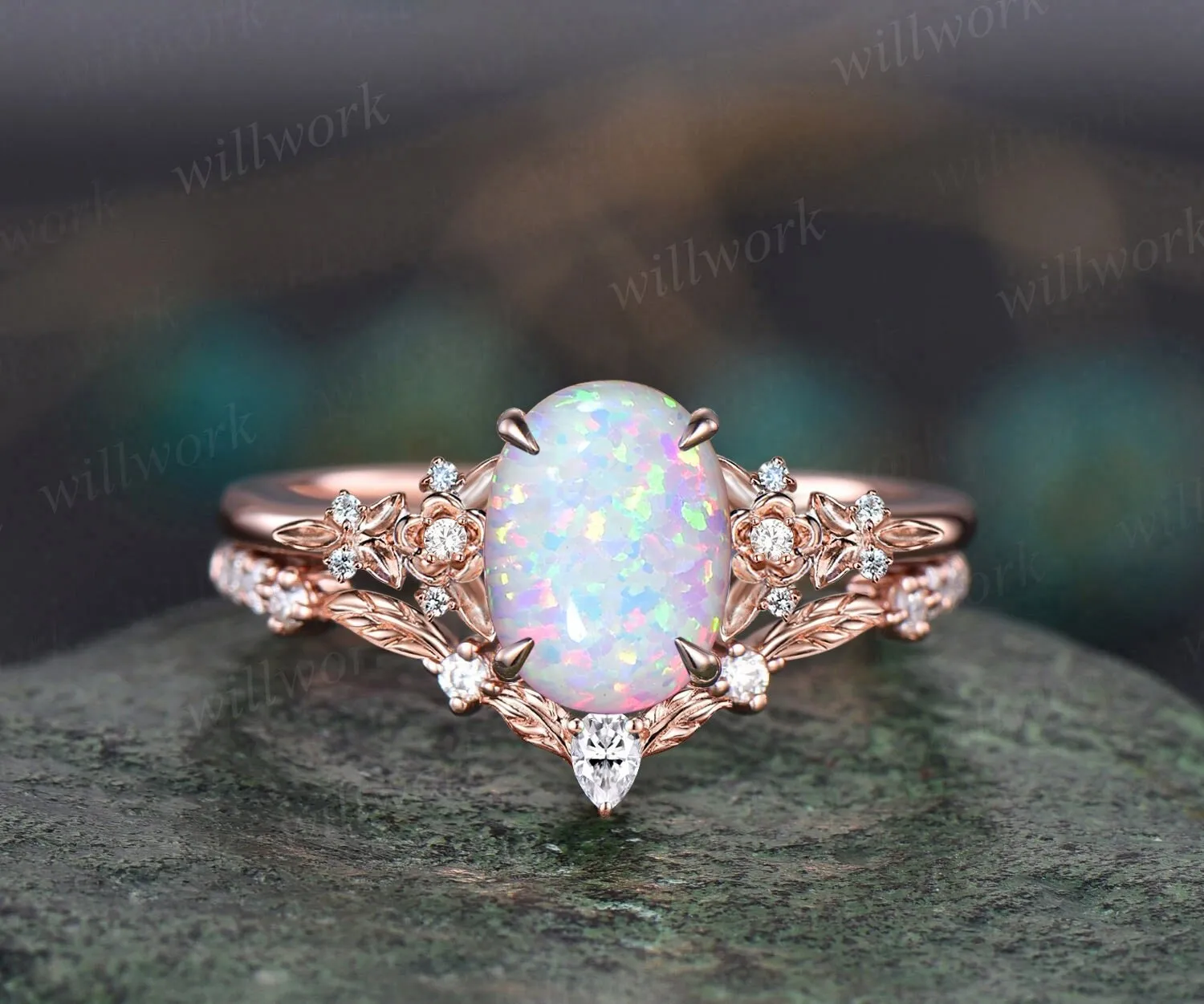 Vintage oval white opal engagement ring solid 14k rose gold leaf floral nature inspired diamond ring women unique bridal wedding ring set sold by Willwork Jewelry