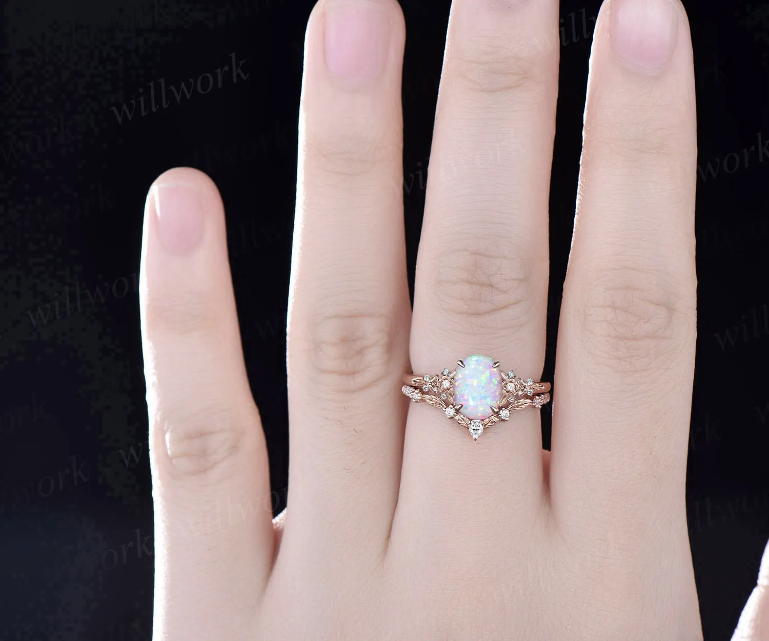 Vintage oval white opal engagement ring solid 14k rose gold leaf floral nature inspired diamond ring women unique bridal wedding ring set sold by Willwork Jewelry product image thumbnail 2