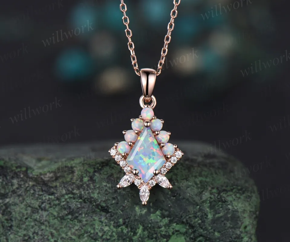 Kite cut white opal necklace solid 14k 18k rose gold vintage unique halo opal diamond pendant women her anniversary bridal gift mother sold by Willwork Jewelry