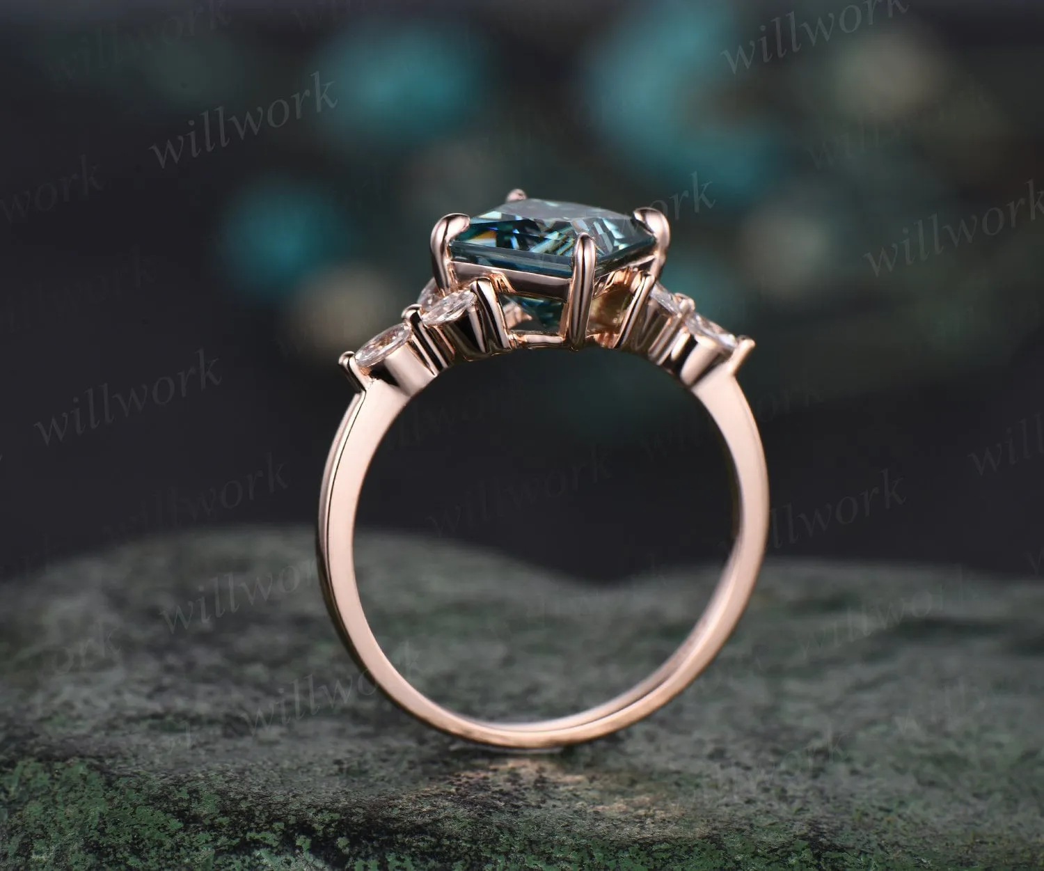 Princess cut green moissanite engagement ring set solid 14k rose gold cluster marquise cut diamond promise wedding bridal ring set women sold by Willwork Jewelry product image thumbnail 5