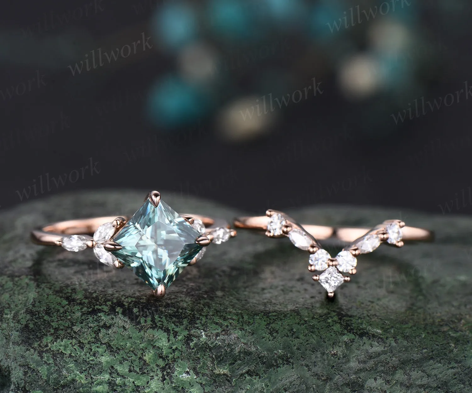 Princess cut green moissanite engagement ring set solid 14k rose gold cluster marquise cut diamond promise wedding bridal ring set women sold by Willwork Jewelry product image thumbnail 3