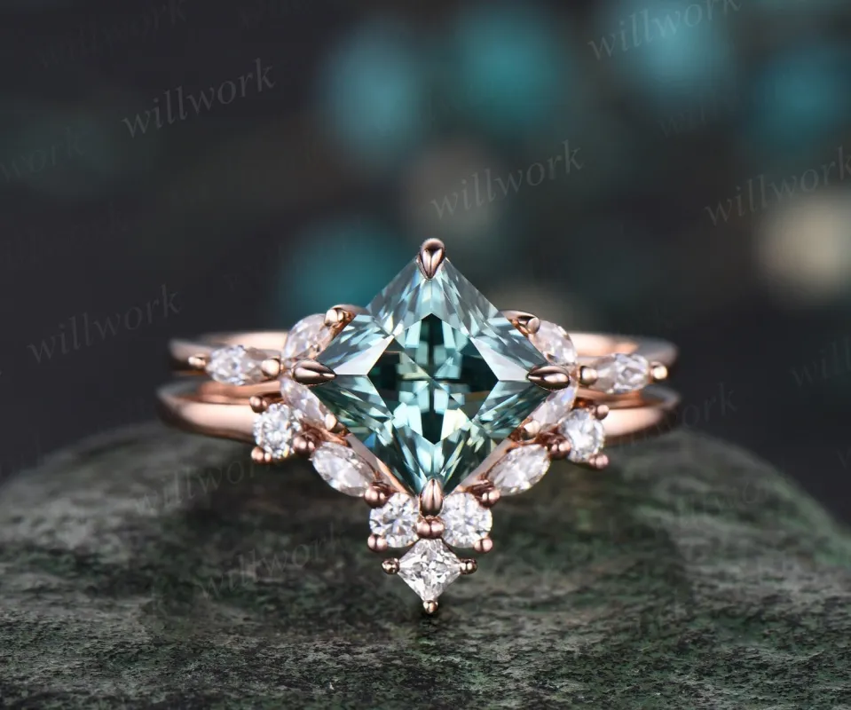 Princess cut green moissanite engagement ring set solid 14k rose gold cluster marquise cut diamond promise wedding bridal ring set women sold by Willwork Jewelry