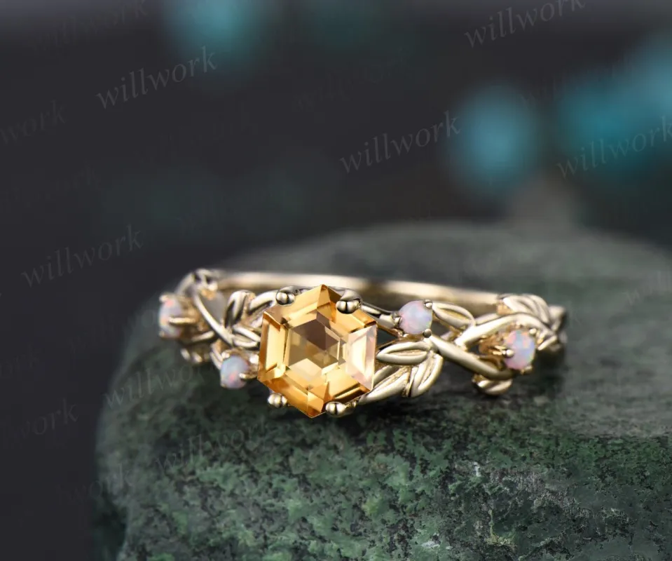 Vintage hexagon cut citrine engagement ring solid 14k yellow gold branch leaf opal ring November birthstone wedding anniversary ring gift sold by Willwork Jewelry