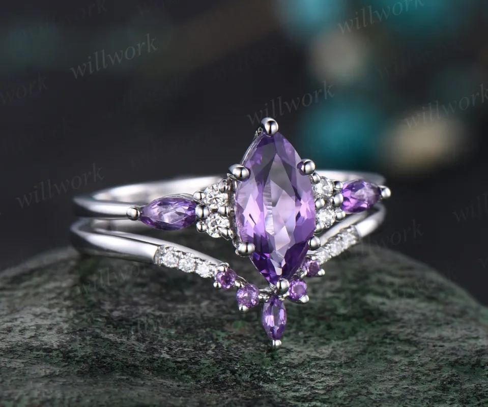 Vintage marquise cut purple amethyst engagement ring art deco 14k white gold moissanite 6 prong gemstone bridal wedding ring set women sold by Willwork Jewelry