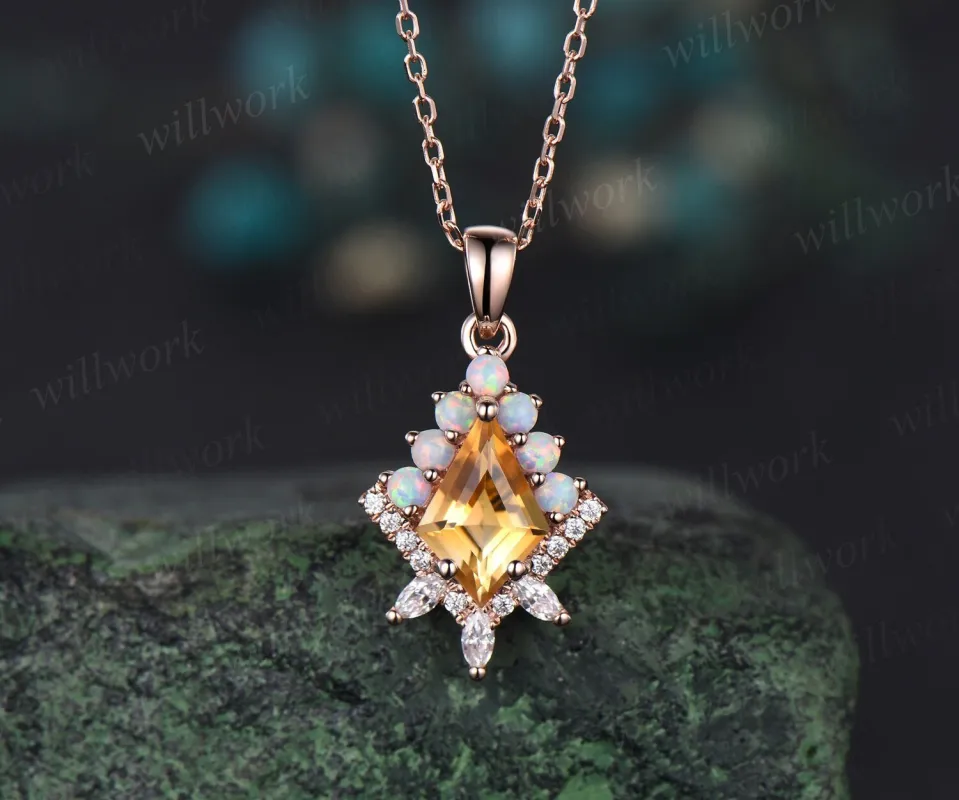 Kite cut yellow citrine necklace solid 14k 18k rose gold vintage unique halo opal diamond pendant women her anniversary bridal gift mother sold by Willwork Jewelry