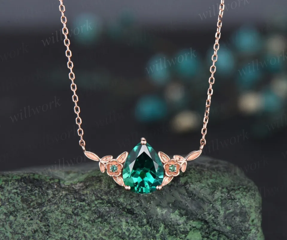 Pear shaped green emerald necklace solid 14k 18k rose gold three stone leaf floral nature inspired pendant women anniversary gift mother sold by Willwork Jewelry