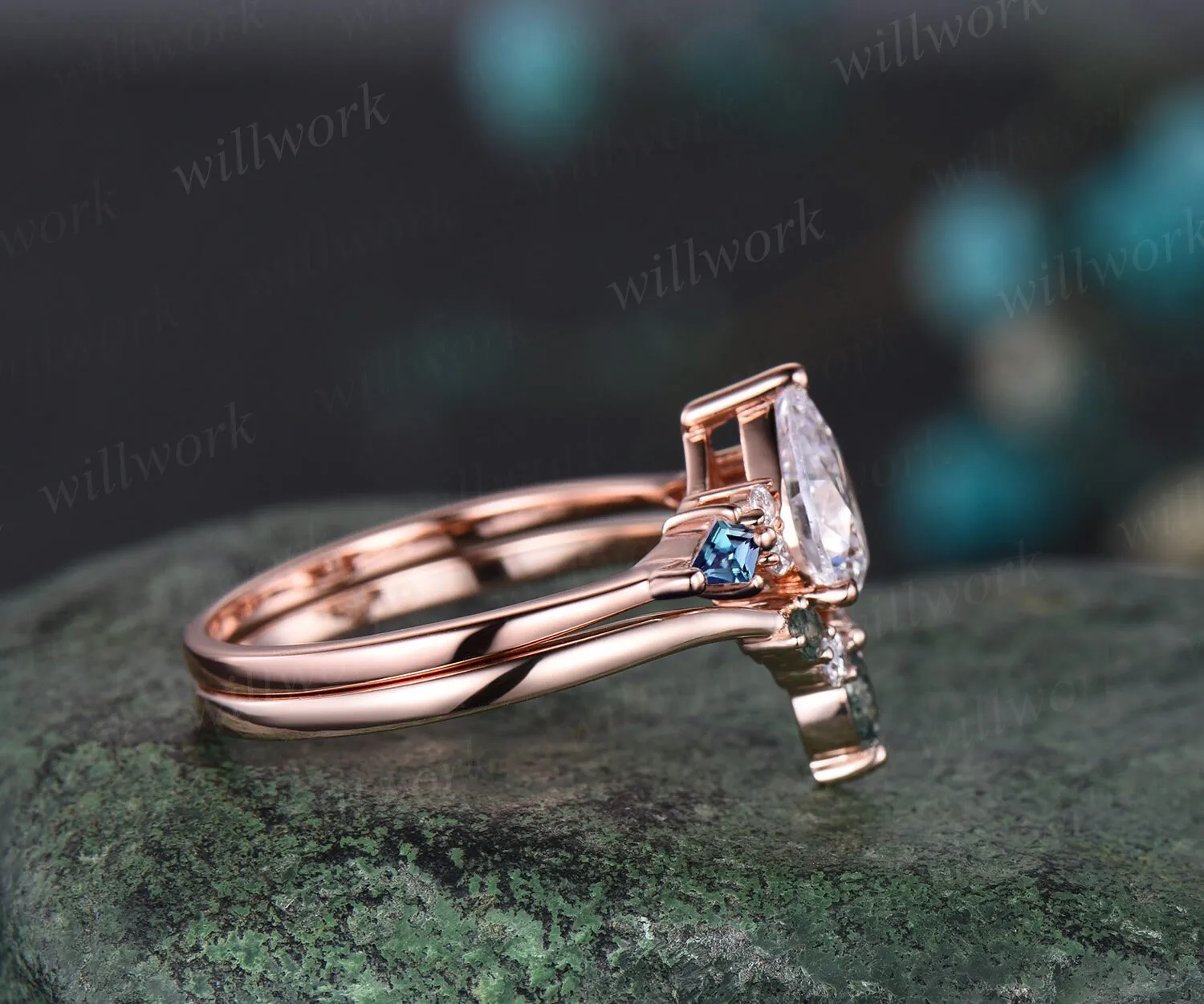 Pear shaped moissanite ring vintage kite alexandrite ring rose gold unique engagement ring stacking promise bridal wedding ring set women sold by Willwork Jewelry product image thumbnail 4
