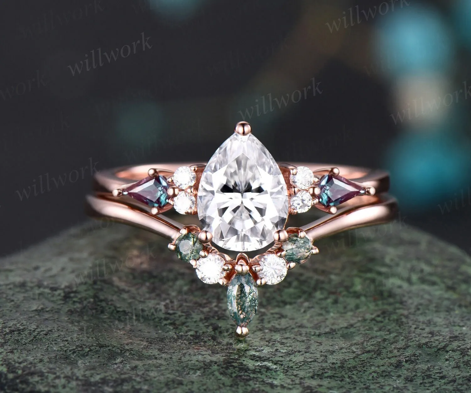 Pear shaped moissanite ring vintage kite alexandrite ring rose gold unique engagement ring stacking promise bridal wedding ring set women sold by Willwork Jewelry