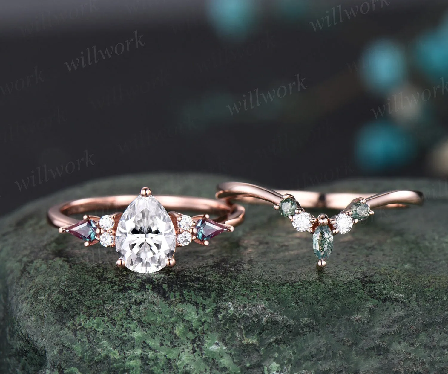Pear shaped moissanite ring vintage kite alexandrite ring rose gold unique engagement ring stacking promise bridal wedding ring set women sold by Willwork Jewelry product image thumbnail 3