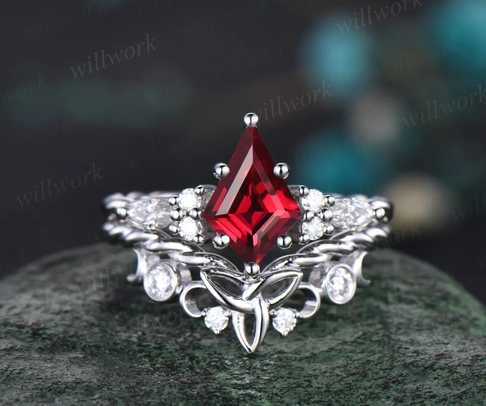 Vintage kite cut red ruby engagement ring solid 14k white gold Celtic knot Twisted diamond anniversary wedding bridal ring set women gift sold by Willwork Jewelry