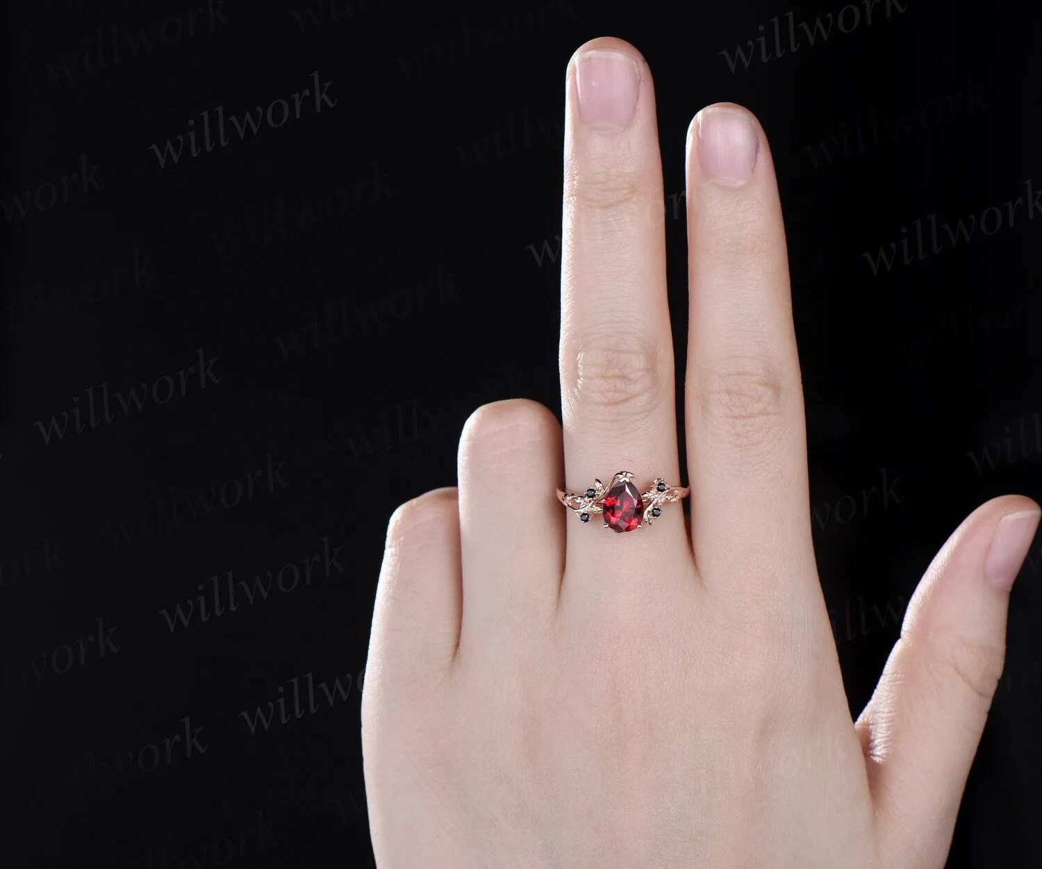Pear cut red ruby ring vintage art deco five stone black spinel ring twig leaf unique engagement ring women rose gold anniversary ring gift sold by Willwork Jewelry product image thumbnail 2