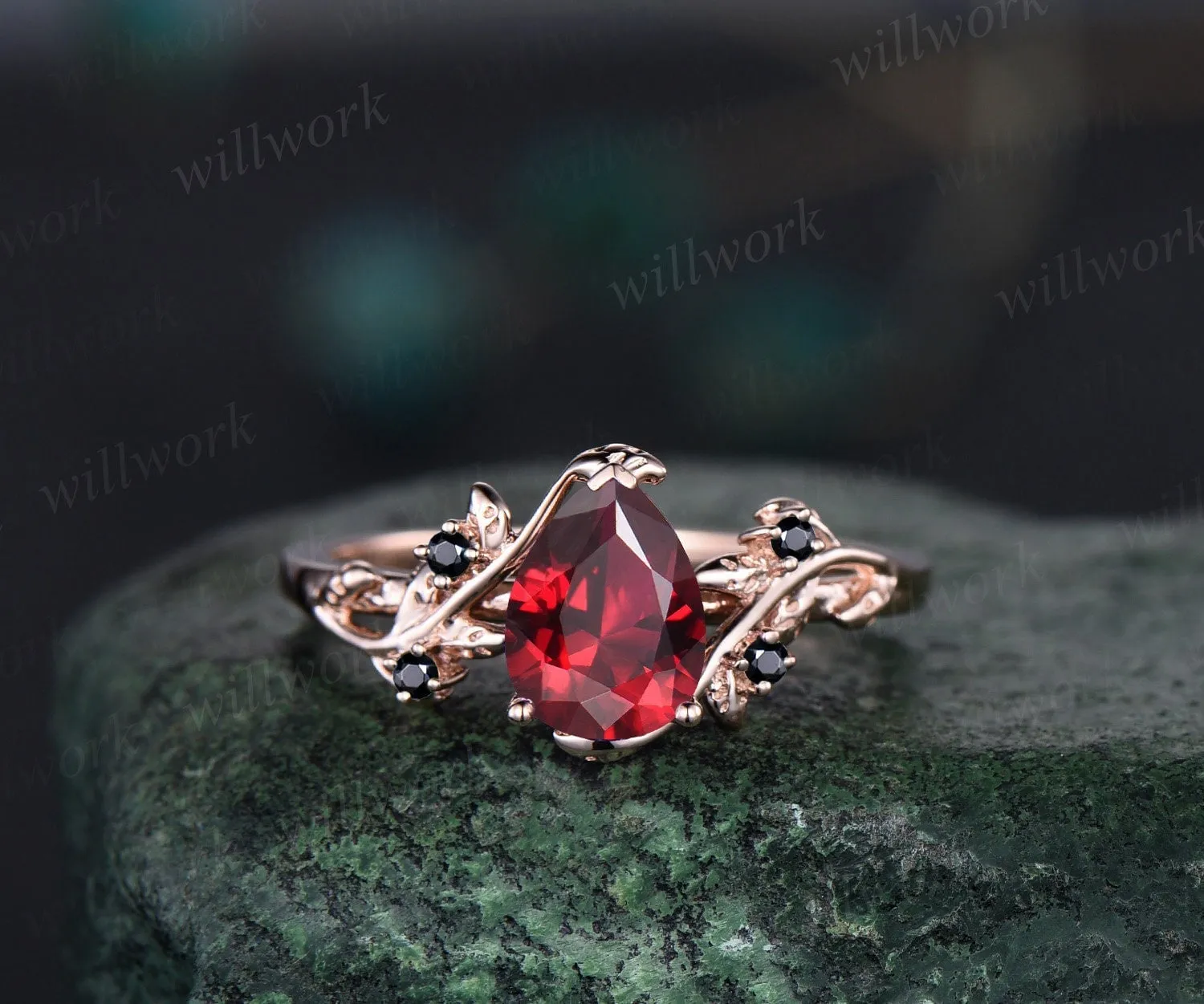 Pear cut red ruby ring vintage art deco five stone black spinel ring twig leaf unique engagement ring women rose gold anniversary ring gift sold by Willwork Jewelry