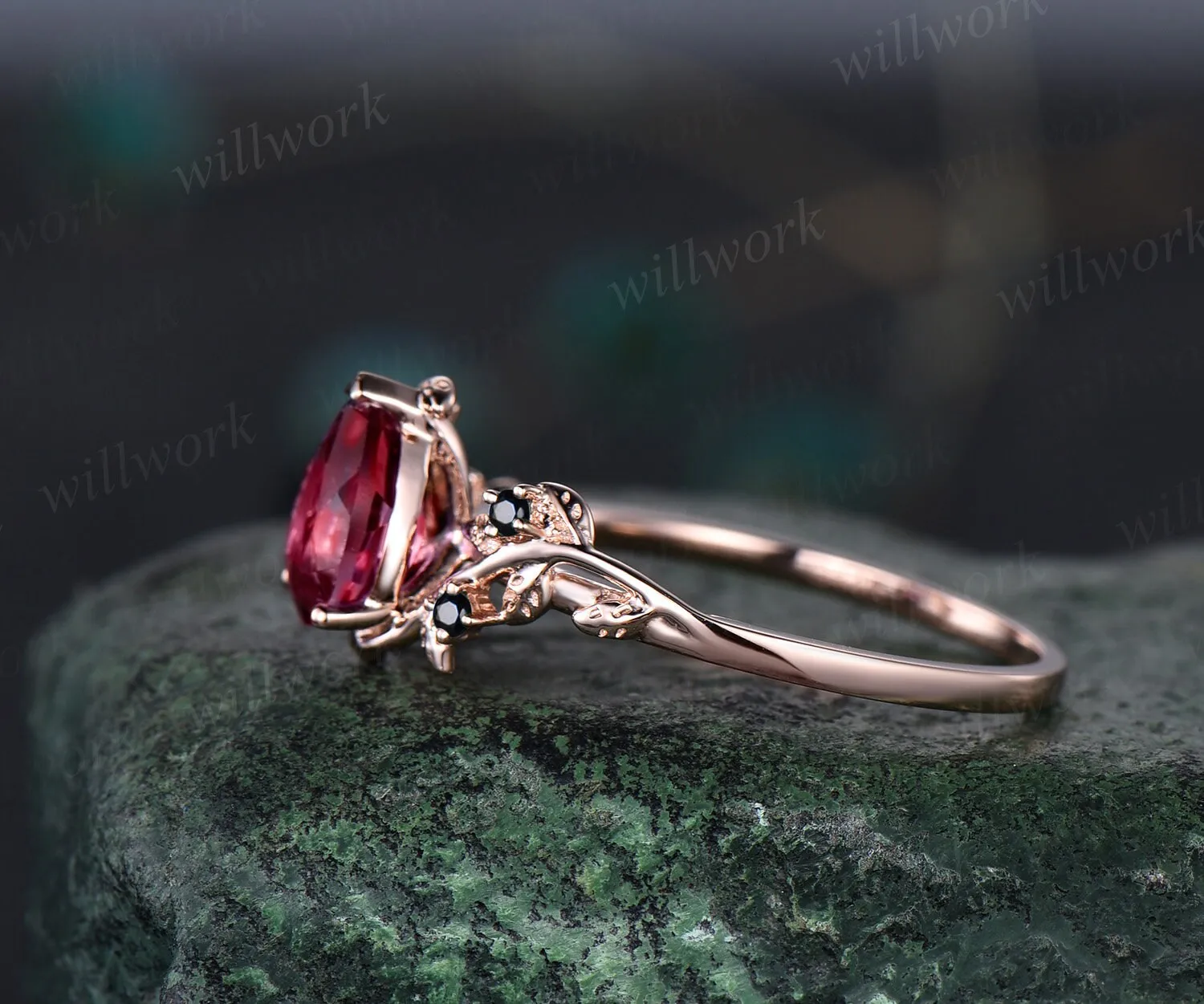 Pear cut red ruby ring vintage art deco five stone black spinel ring twig leaf unique engagement ring women rose gold anniversary ring gift sold by Willwork Jewelry product image thumbnail 4