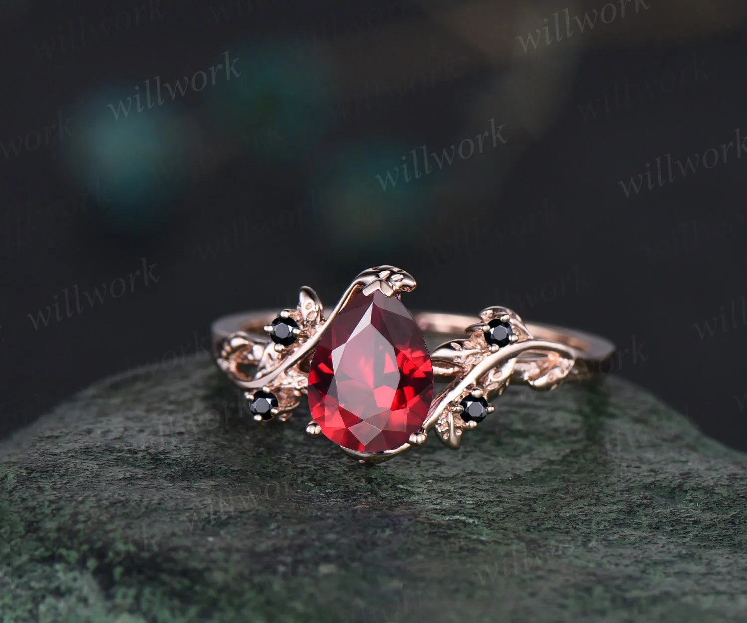 Pear cut red ruby ring vintage art deco five stone black spinel ring twig leaf unique engagement ring women rose gold anniversary ring gift sold by Willwork Jewelry product image thumbnail 3