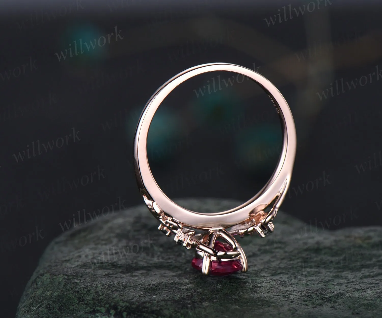 Pear cut red ruby ring vintage art deco five stone black spinel ring twig leaf unique engagement ring women rose gold anniversary ring gift sold by Willwork Jewelry product image thumbnail 5