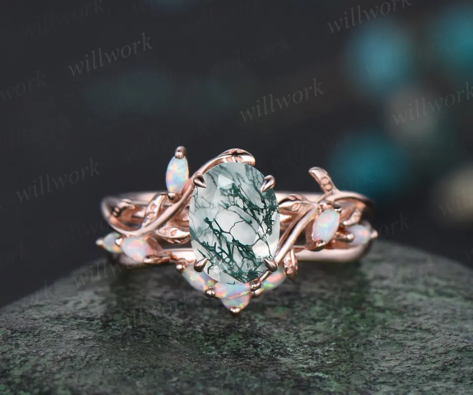 Oval cut moss agate ring vintage five stone opal ring rose gold leaf nature inspired engagement ring art deco twisted wedding ring set women sold by Willwork Jewelry