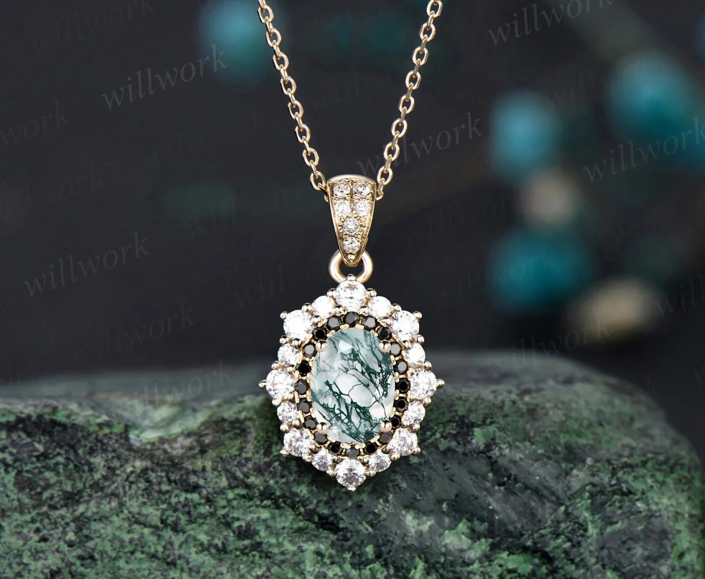 Oval cut green moss agate necklace halo black diamond pendant for women solid 14k rose gold antique jewelry promise anniversary gift sold by Willwork Jewelry product image thumbnail 3