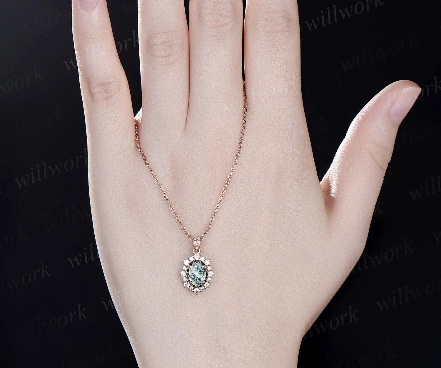Oval cut green moss agate necklace halo black diamond pendant for women solid 14k rose gold antique jewelry promise anniversary gift sold by Willwork Jewelry product image thumbnail 4