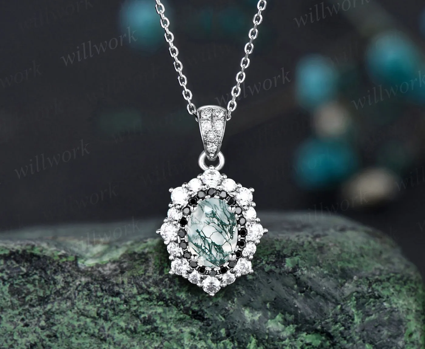 Oval cut green moss agate necklace halo black diamond pendant for women solid 14k rose gold antique jewelry promise anniversary gift sold by Willwork Jewelry product image thumbnail 5
