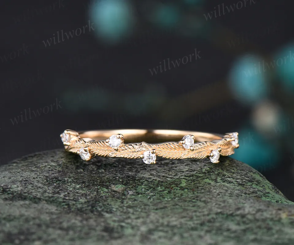 Unique Leaf Wedding Band Art Deco 14k Yellow Gold Round Cut Moissanite Diamond Wedding Ring Nature Inspired Matching Band sold by Willwork Jewelry