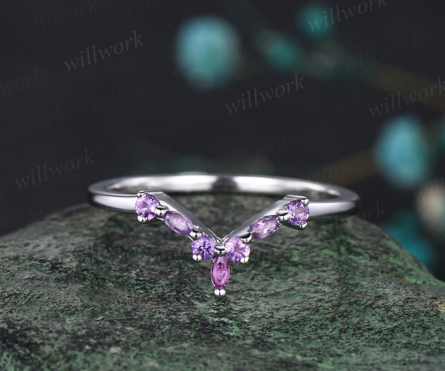 June Birthstone Oval Cut Alexandrite Engagement Ring Set Unique Emerald Amethyst Seven Stone Ring 14k White Gold 2pcs Bridal Ring Set sold by Willwork Jewelry product image thumbnail 4