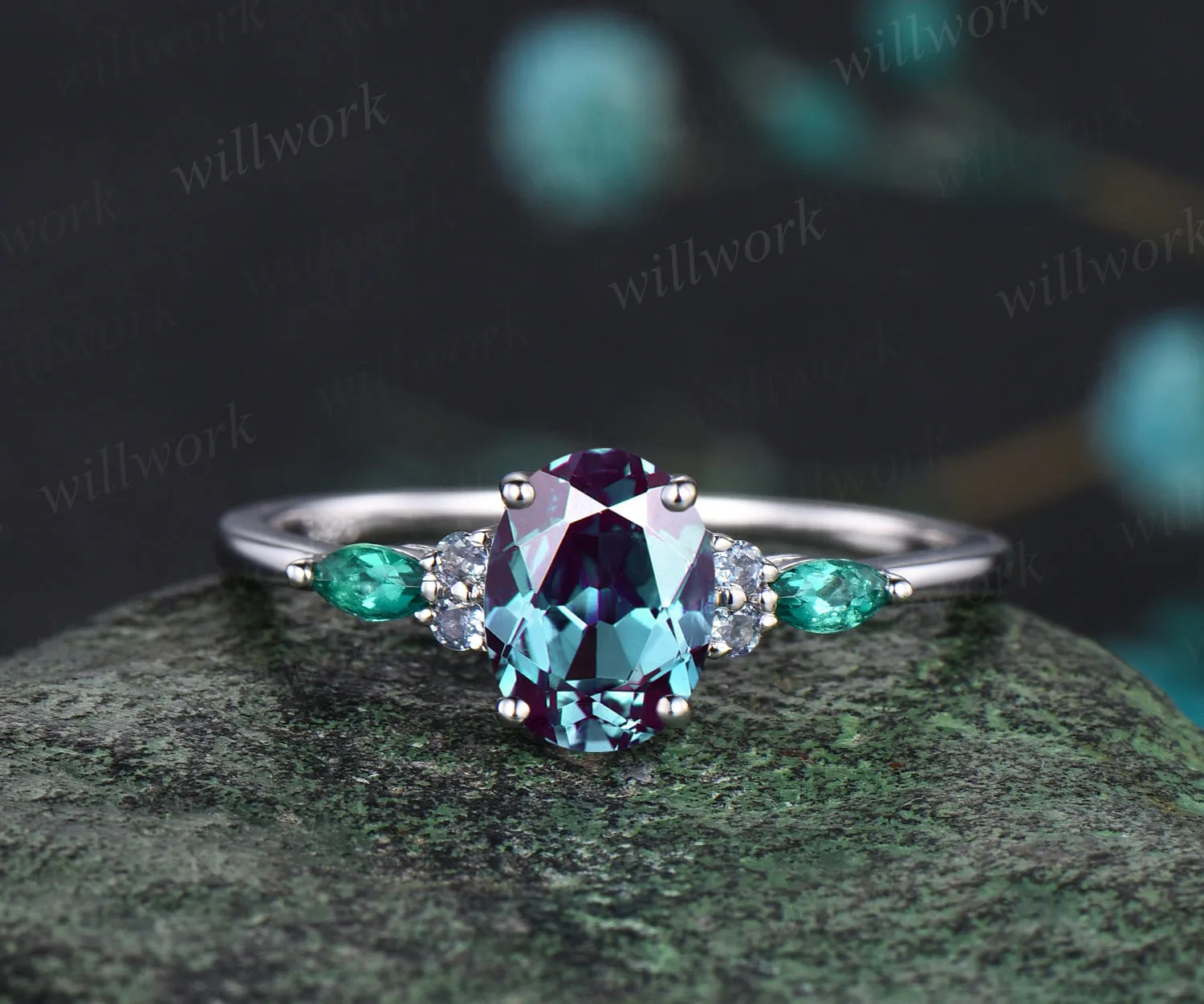 June Birthstone Oval Cut Alexandrite Engagement Ring Set Unique Emerald Amethyst Seven Stone Ring 14k White Gold 2pcs Bridal Ring Set sold by Willwork Jewelry product image thumbnail 3