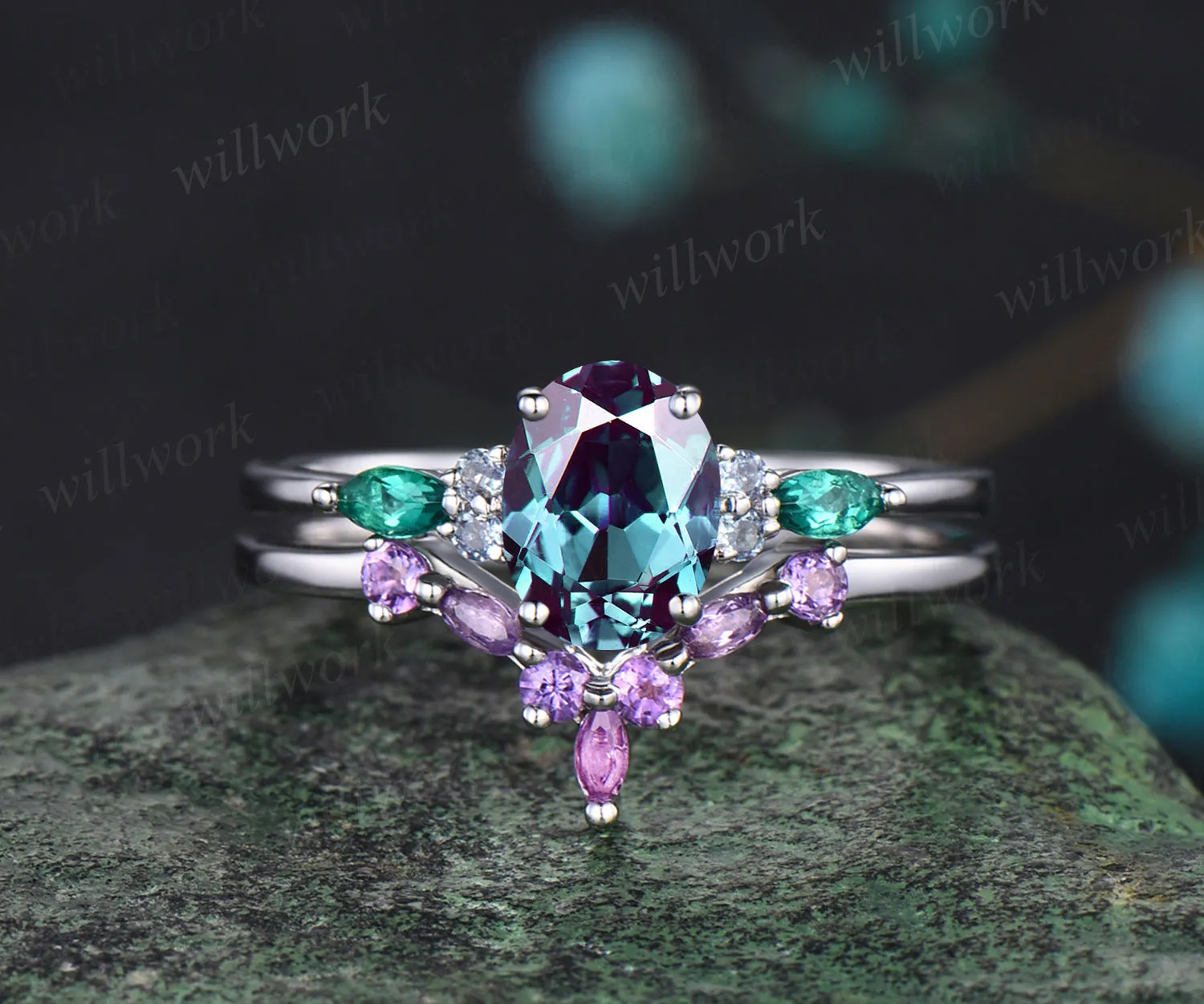 June Birthstone Oval Cut Alexandrite Engagement Ring Set Unique Emerald Amethyst Seven Stone Ring 14k White Gold 2pcs Bridal Ring Set sold by Willwork Jewelry