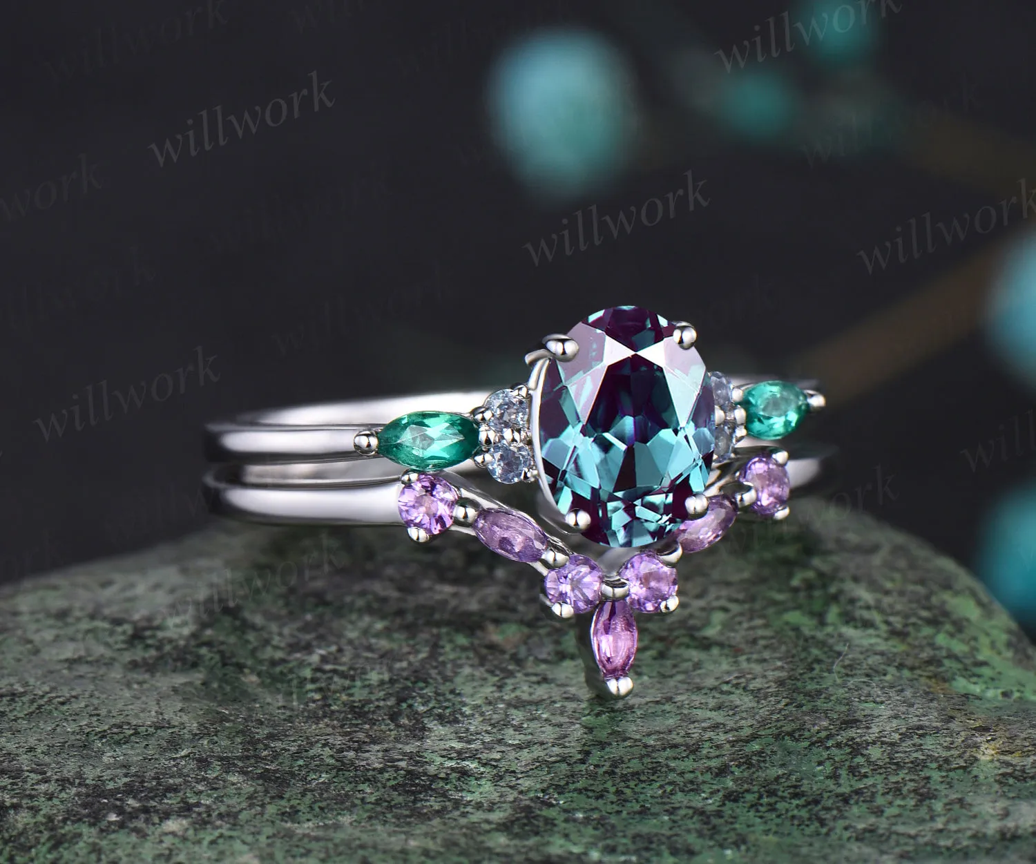 June Birthstone Oval Cut Alexandrite Engagement Ring Set Unique Emerald Amethyst Seven Stone Ring 14k White Gold 2pcs Bridal Ring Set sold by Willwork Jewelry product image thumbnail 5