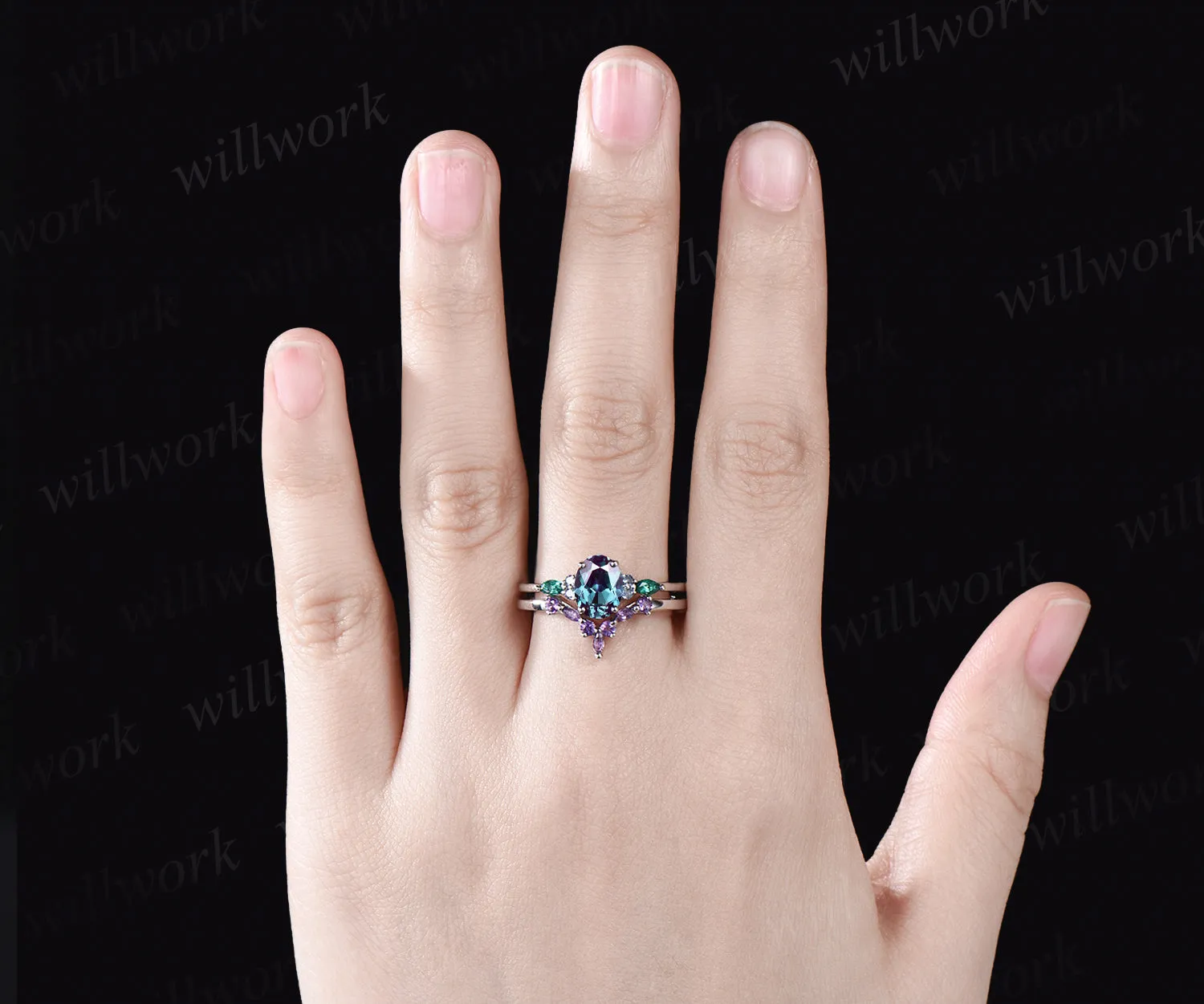 June Birthstone Oval Cut Alexandrite Engagement Ring Set Unique Emerald Amethyst Seven Stone Ring 14k White Gold 2pcs Bridal Ring Set sold by Willwork Jewelry product image thumbnail 2
