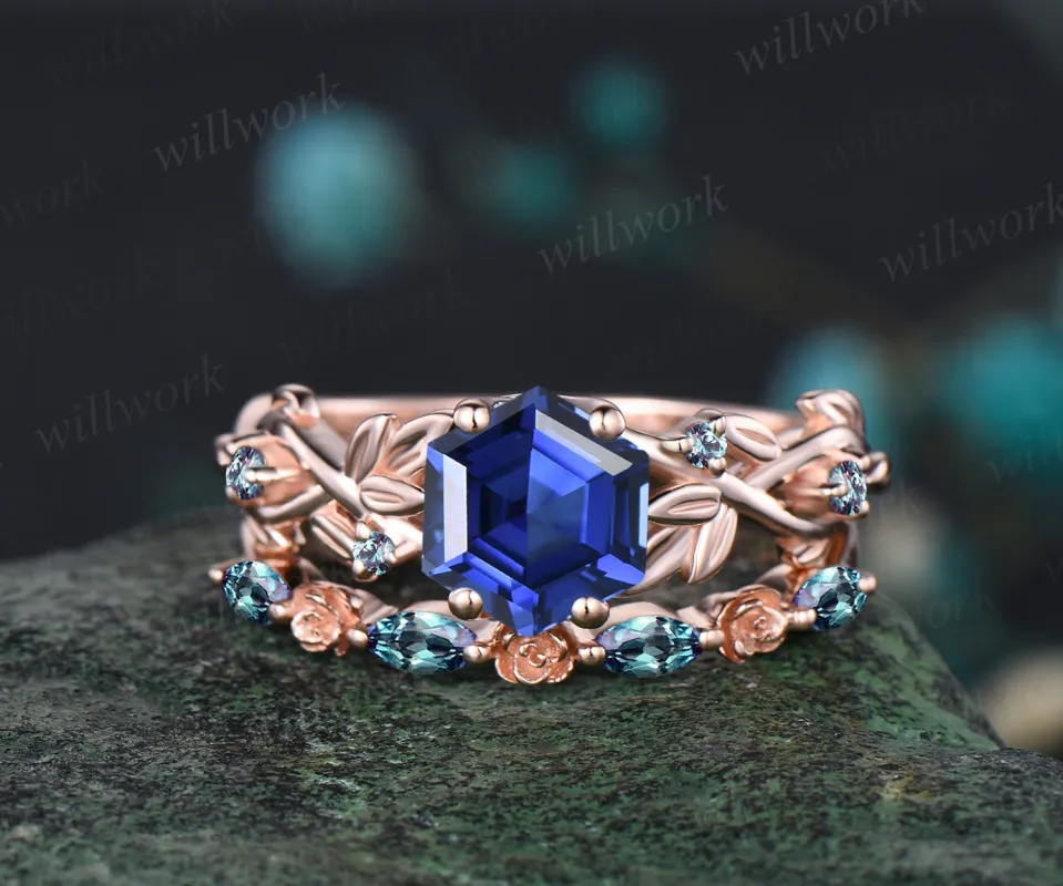 Hexagon Cut September Birthstone Blue Sapphire Engagement Ring Set Leaf Flower Vine Twig Branch Nature Inspired Ring Alexandrite 2pcs Bridal Ring Set sold by Willwork Jewelry