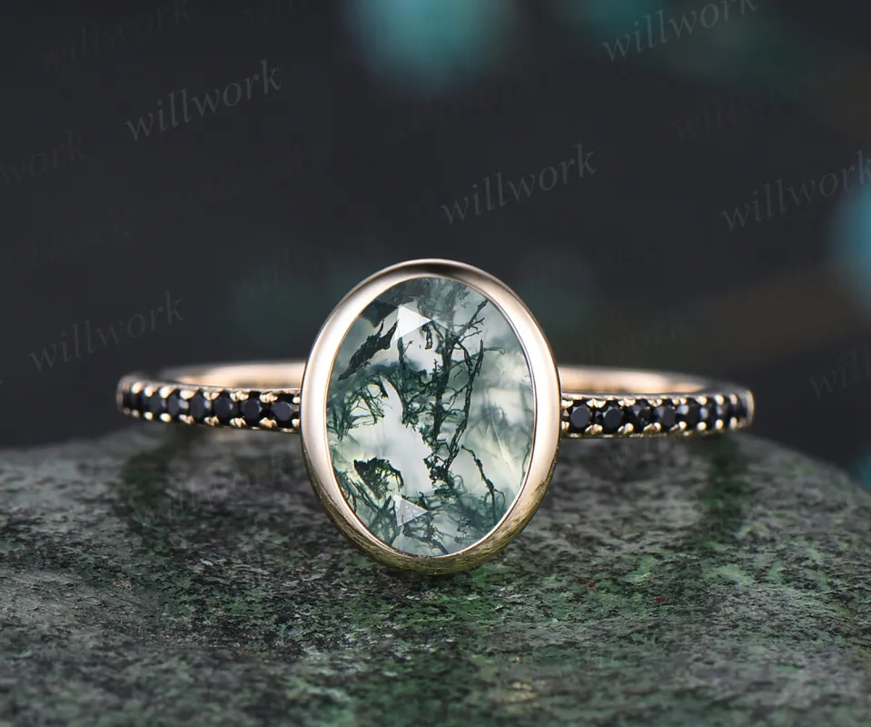Oval Cut Natural Moss Agate Engagement Ring Unique Black Spinel Diamond Half Eternity Ring Bezel Set Promise Ring sold by Willwork Jewelry