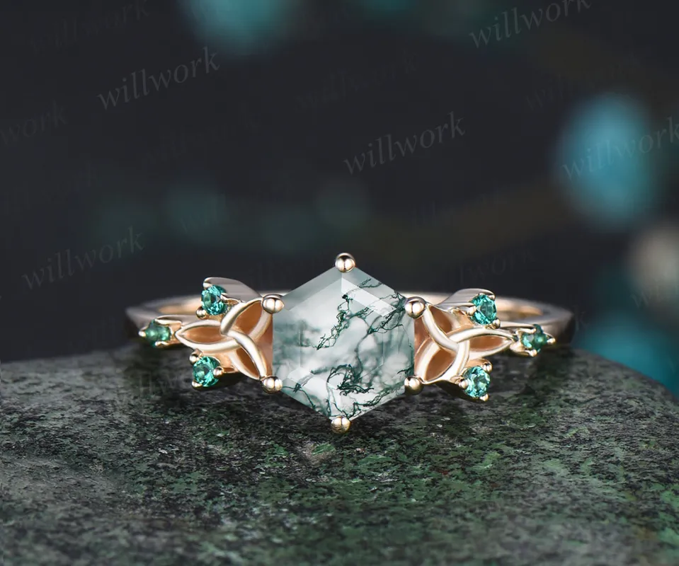 Unique Hexagon Cut Natural Moss Agate Engagement Ring Celtic Knot Wedding Ring Emerald Seven Stone Bridal Ring Gift For Women sold by Willwork Jewelry