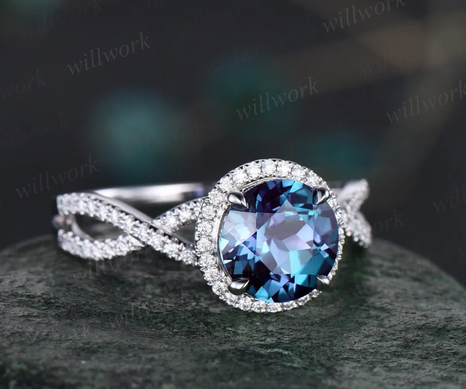 2ct round Alexandrite engagement ring white gold twisted infinity halo diamond ring vintage unique promise wedding anniversary ring women made by Willwork Jewelry