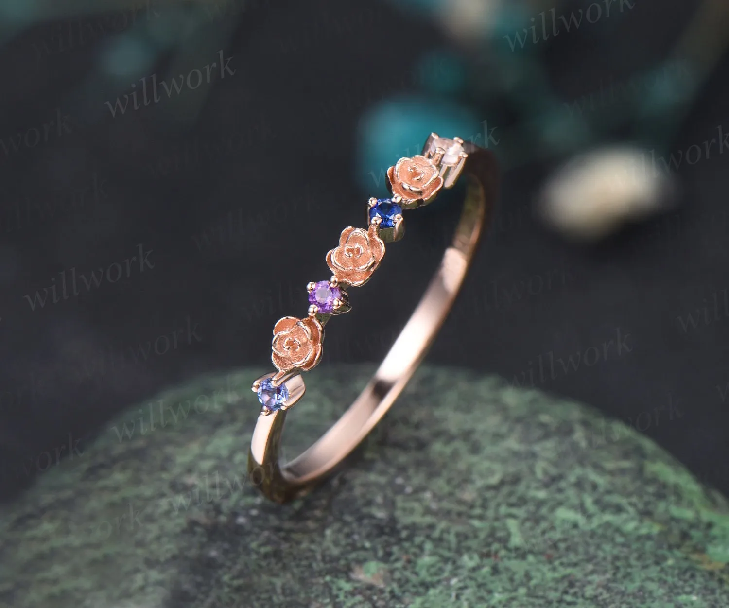 Floral natural Tanzanite amethyst sapphire moonstone wedding band women solid 14k rose gold flower four stone anniversary ring band gift sold by Willwork Jewelry product image thumbnail 4