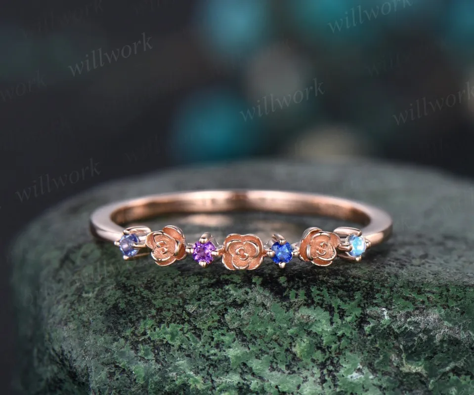 Floral natural Tanzanite amethyst sapphire moonstone wedding band women solid 14k rose gold flower four stone anniversary ring band gift sold by Willwork Jewelry