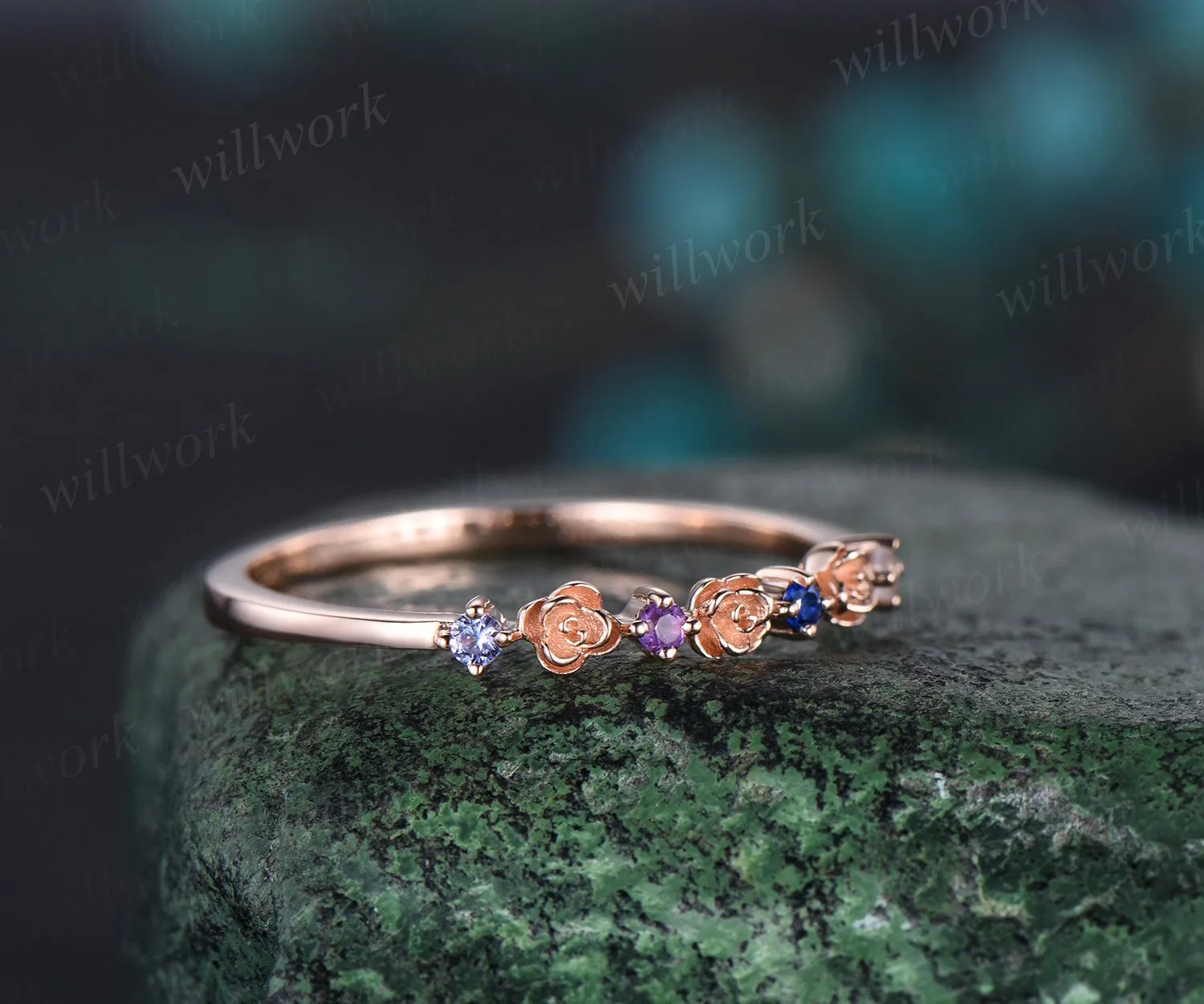 Floral natural Tanzanite amethyst sapphire moonstone wedding band women solid 14k rose gold flower four stone anniversary ring band gift sold by Willwork Jewelry product image thumbnail 5