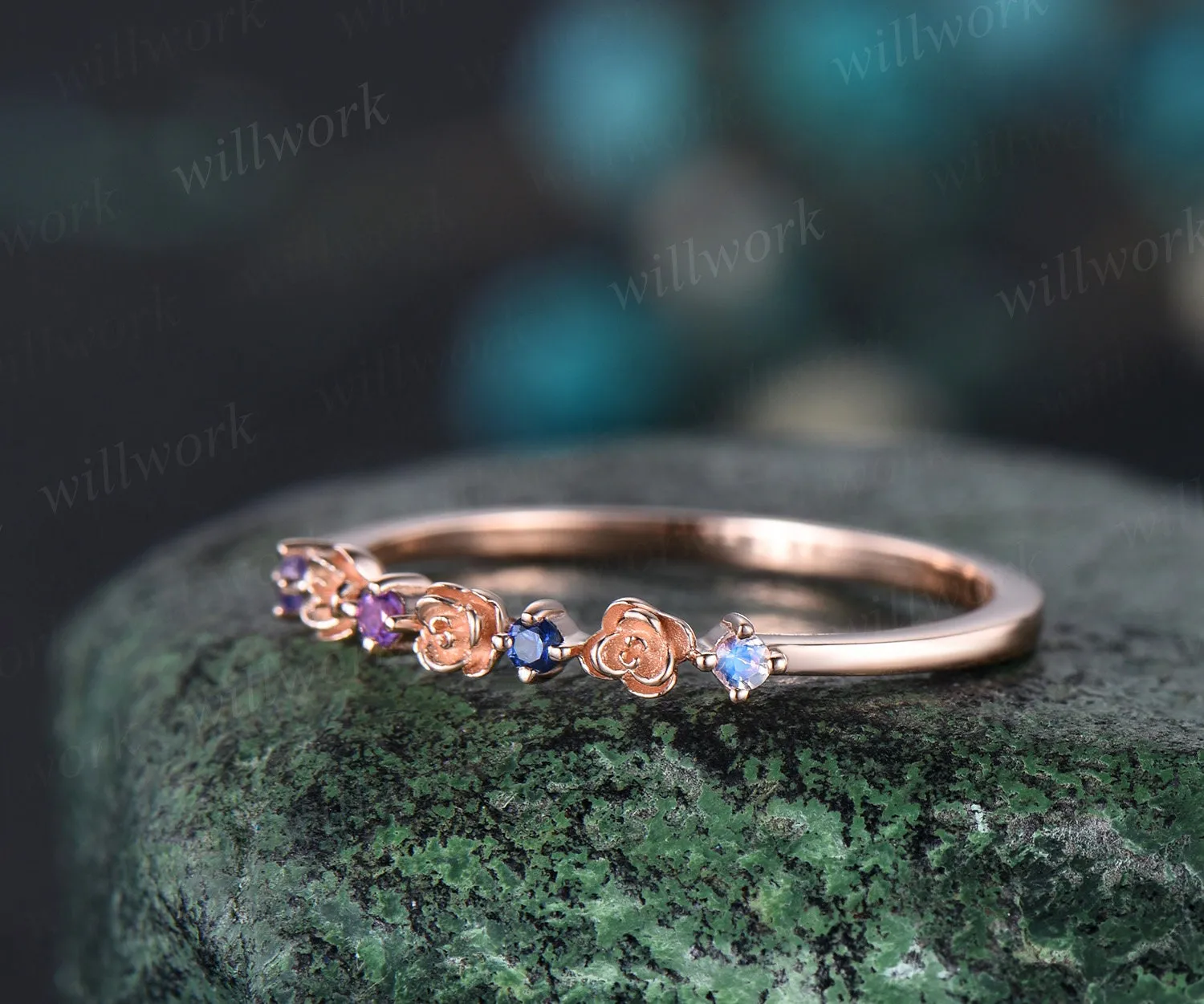Floral natural Tanzanite amethyst sapphire moonstone wedding band women solid 14k rose gold flower four stone anniversary ring band gift sold by Willwork Jewelry product image thumbnail 3
