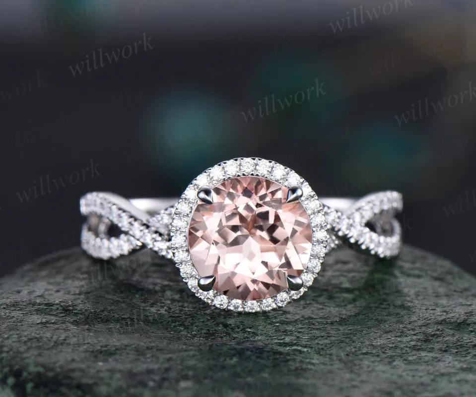 2ct round cut morganite engagement ring white gold twisted infinity halo diamond ring vintage unique promise wedding anniversary ring women sold by Willwork Jewelry