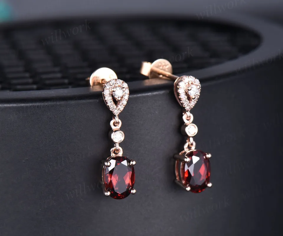 Vintaeg 1ct oval ganet earrings solid 14k rose gold ring real diamond Earrings women garnet jewelry gift her January birthstone earrings sold by Willwork Jewelry