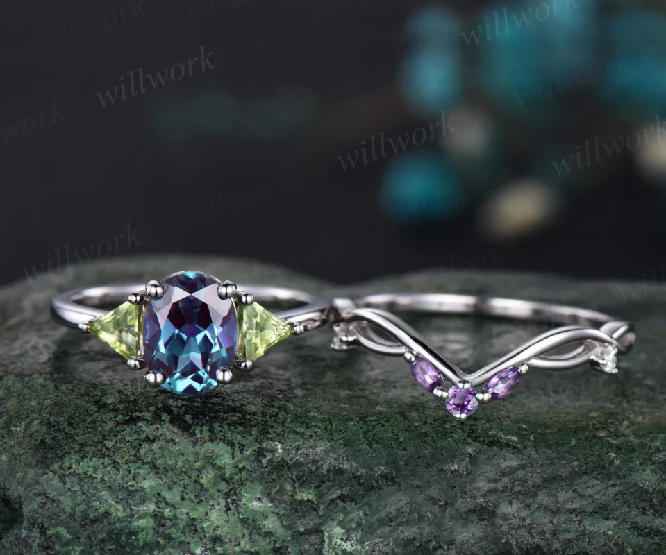 Oval cut alexandrite ring three stone Trillion peridot ring white gold unique engagement ring amethyst twisted bridal wedding ring set women made by Willwork Jewelry