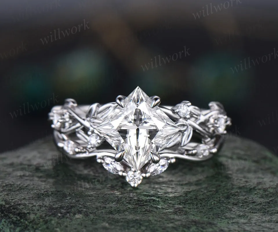 Princess cut moissanite engagement ring set 14k white gold five stone leaf branch Nature inspired ring diamond bridal ring set women gift sold by Willwork Jewelry