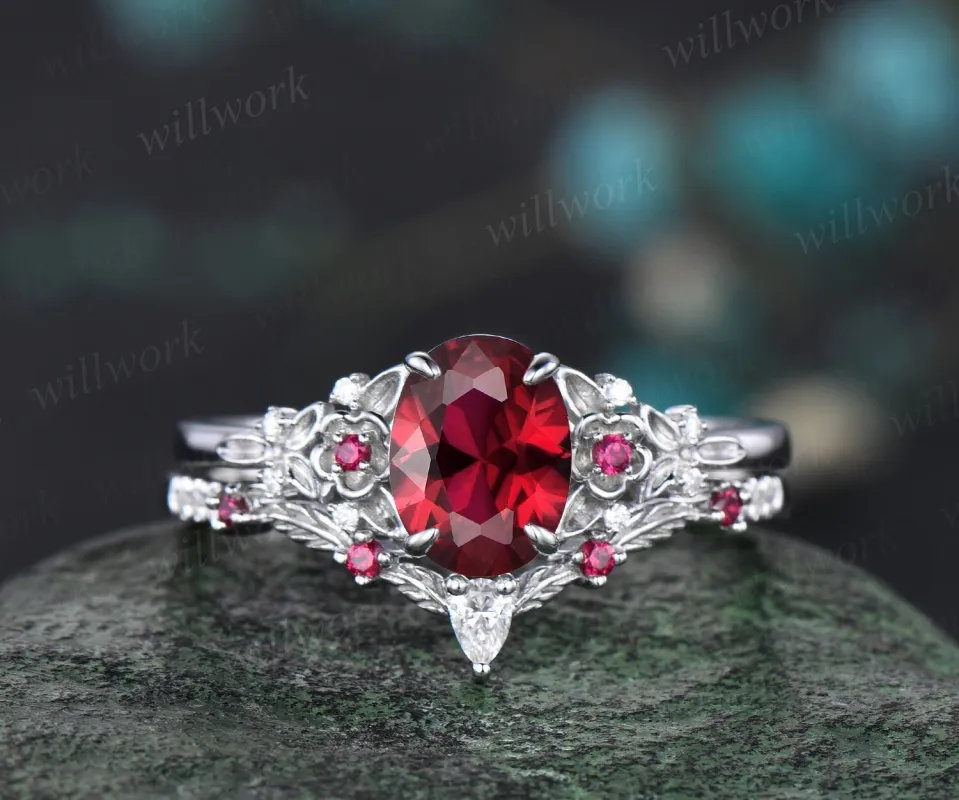 Vintage oval cut ruby engagement ring 14k white gold twig leaf floral antique unique diamond promise bridal wedding ring set women gift sold by Willwork Jewelry