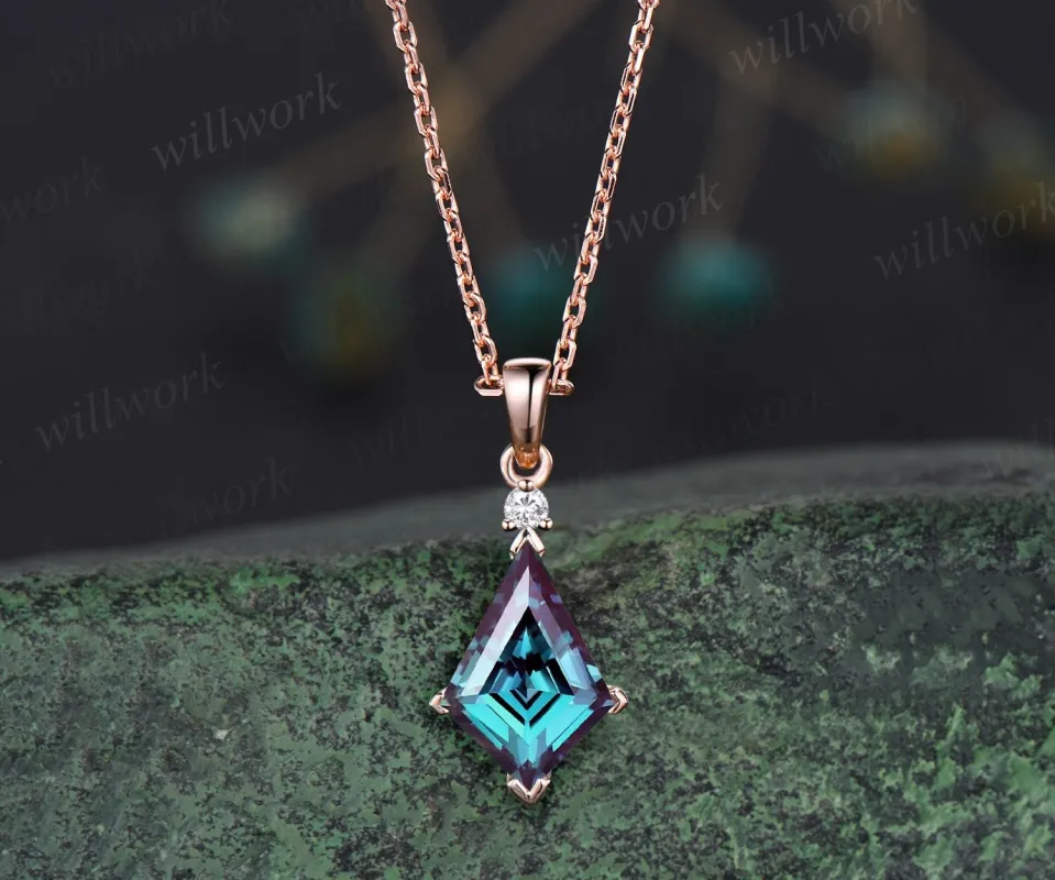 Unique kite cut alexandrite necklace 14k rose gold two stone diamond pendant women Personalized June birthstone anniversary bridal gift sold by Willwork Jewelry