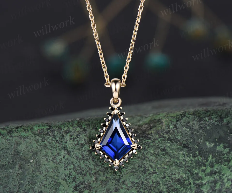 Unique kite cut blue sapphire necklace solid 14k 18k yellow gold halo black diamond pendant women gemstone mother promise anniversary gift made by Willwork Jewelry