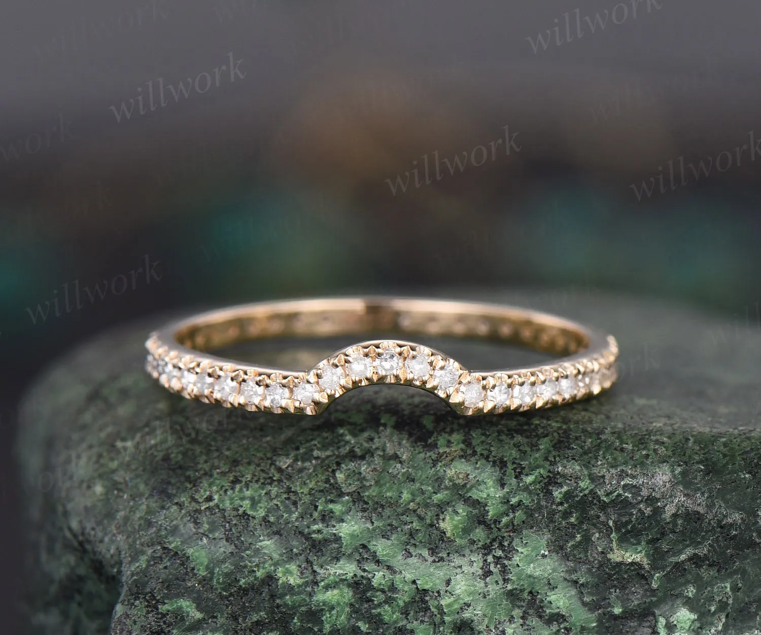 Curved diamond wedding band solid 14k yellow gold stacking matching full eternity wedding ring band women bridal anniversary ring gift her sold by Willwork Jewelry product image thumbnail 3
