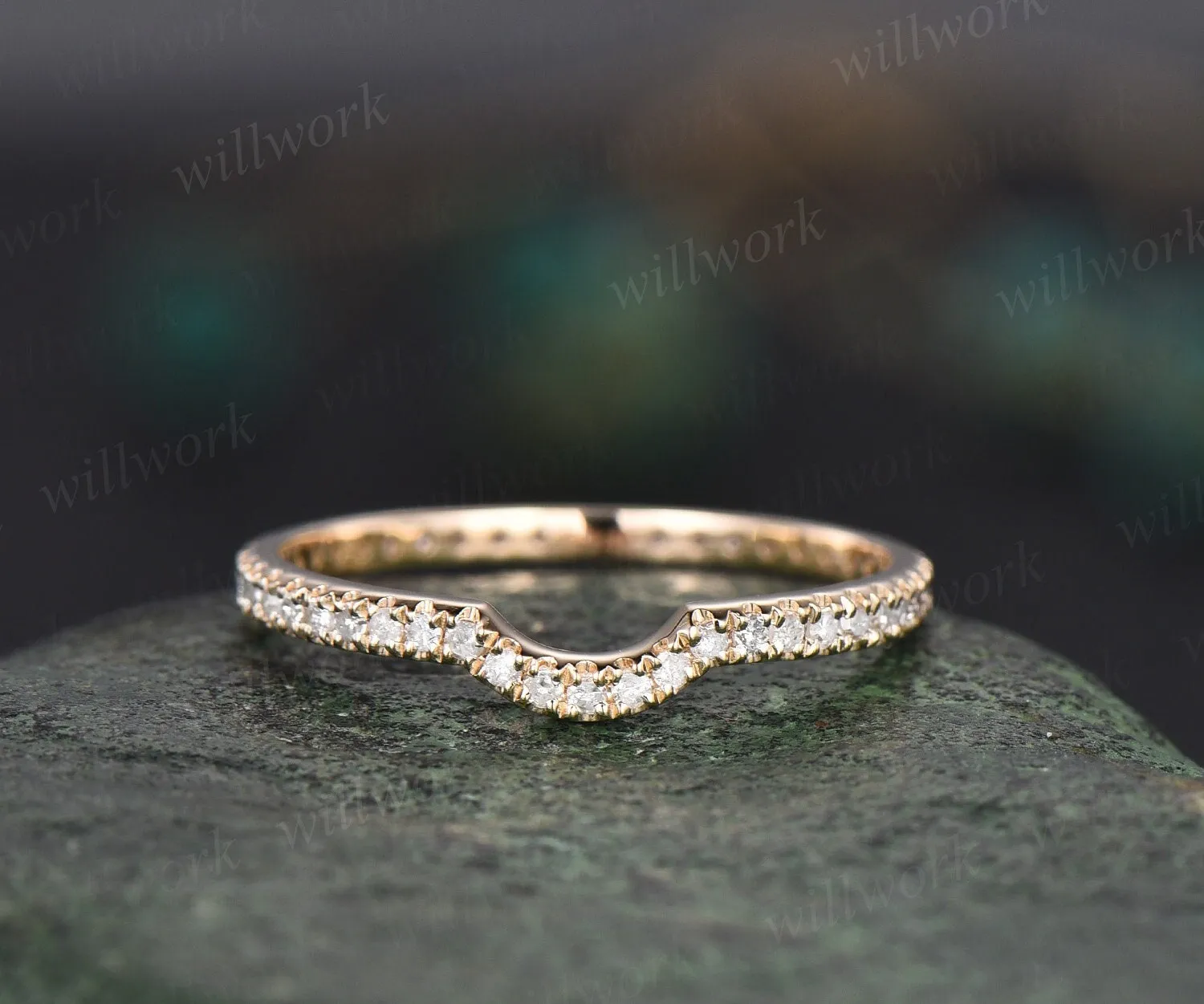 Curved diamond wedding band solid 14k yellow gold stacking matching full eternity wedding ring band women bridal anniversary ring gift her sold by Willwork Jewelry