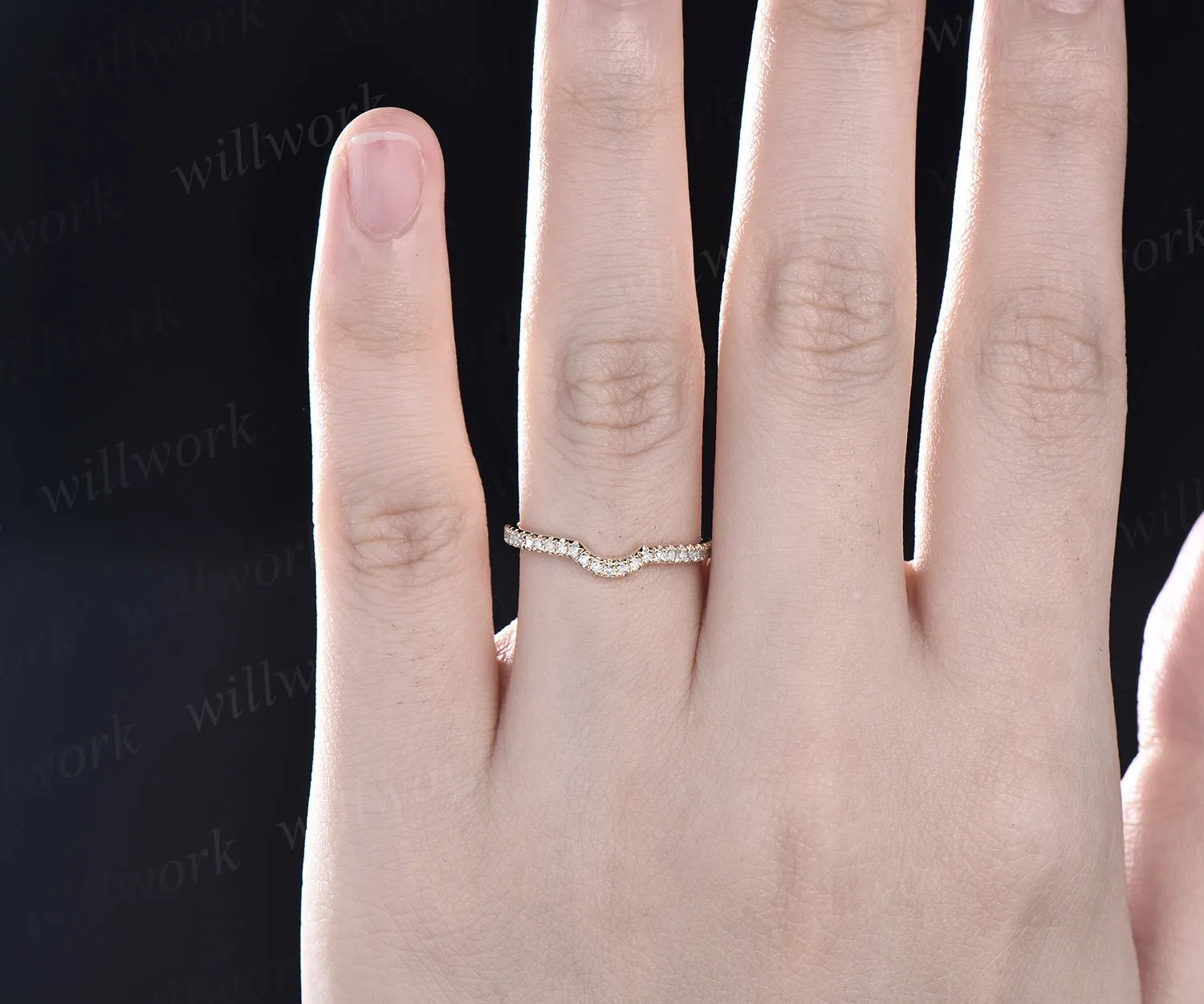 Curved diamond wedding band solid 14k yellow gold stacking matching full eternity wedding ring band women bridal anniversary ring gift her sold by Willwork Jewelry product image thumbnail 2