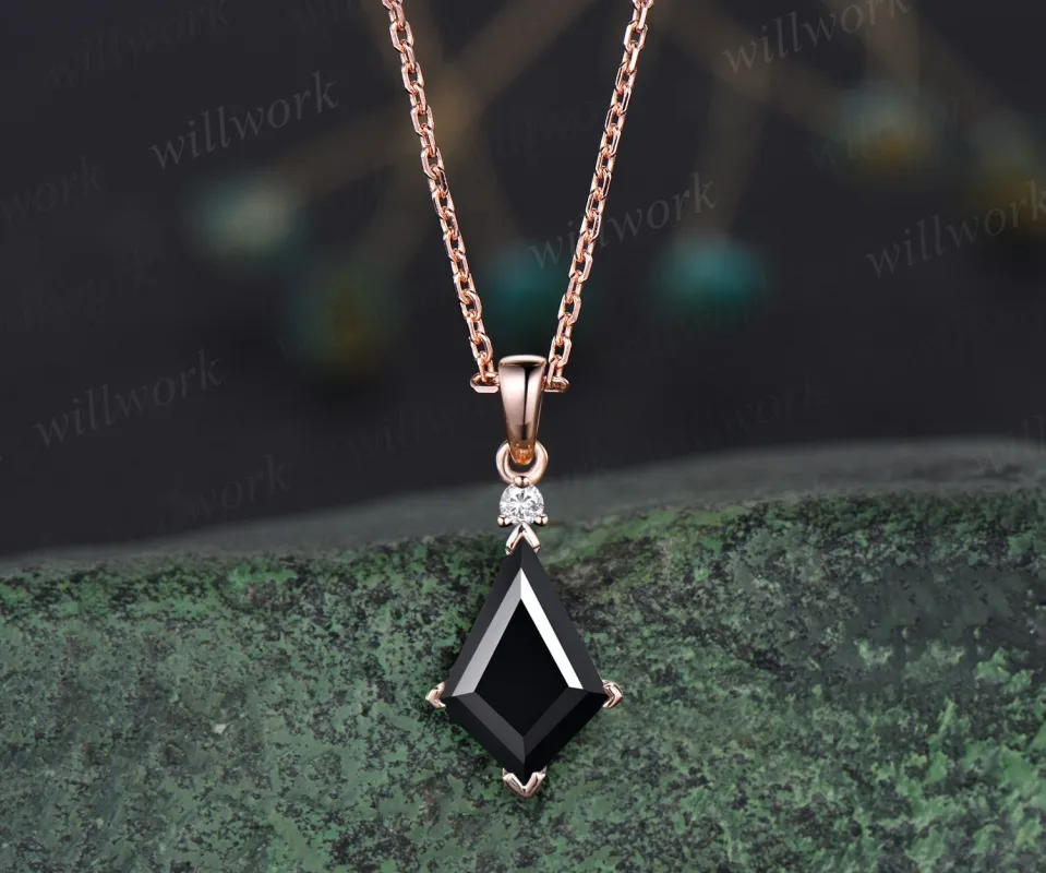 Unique kite cut black Onyx necklace 14k rose gold two stone diamond pendant women Personalized dainty promise anniversary bridal gift made by Willwork Jewelry